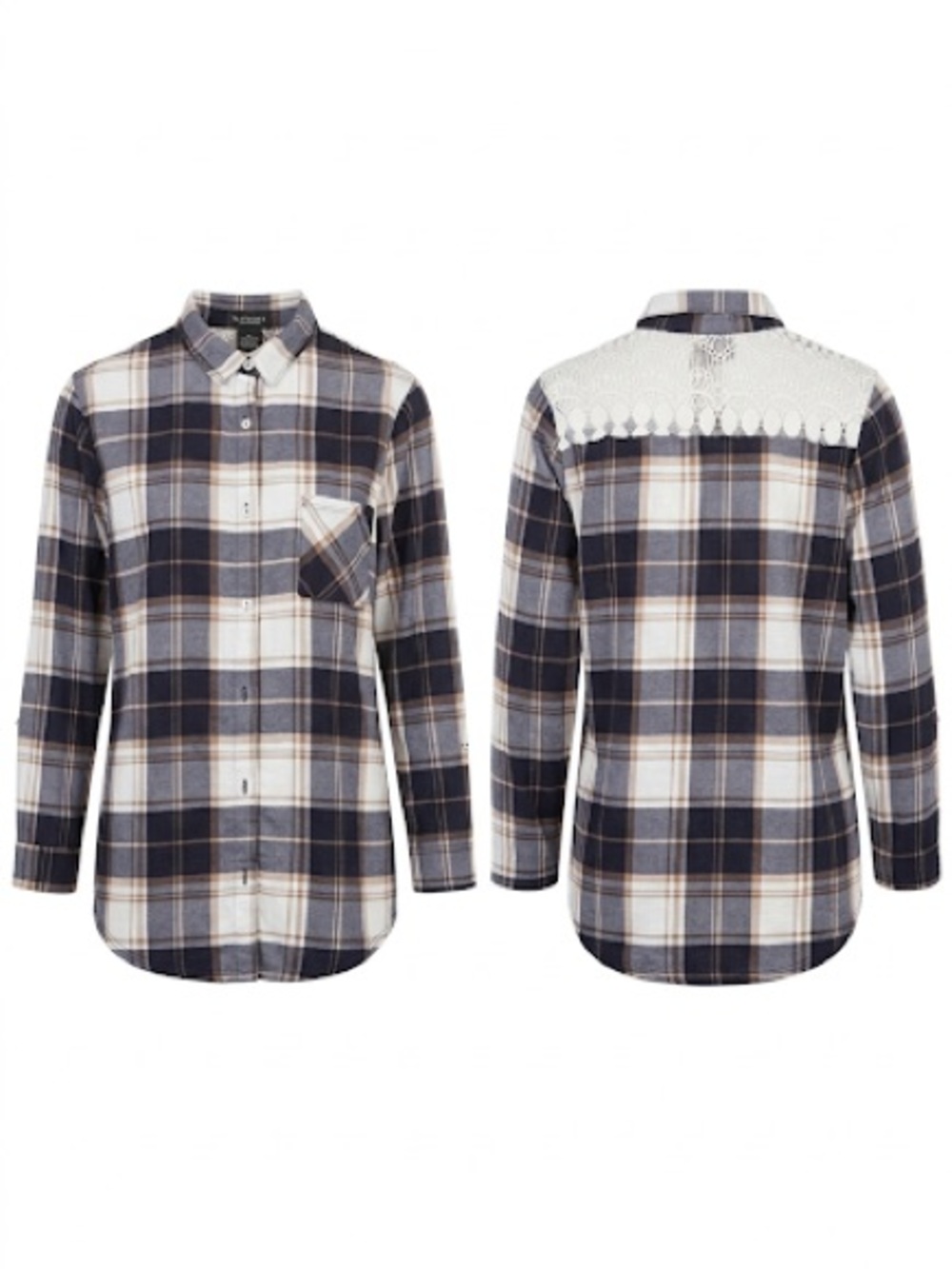 Women's Navy Plaid Button-Down Shirt with Crochet Yoke